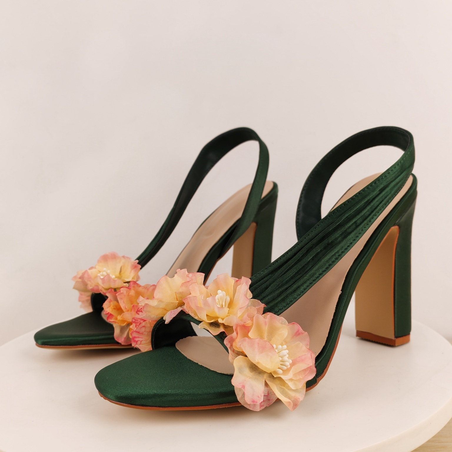 Slip Dress Satin - Block Heels Slingback Flowers Sandals for